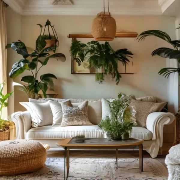 Interior de casa estiloso e acolhedor com elementos decorativos modernos e clássicos.