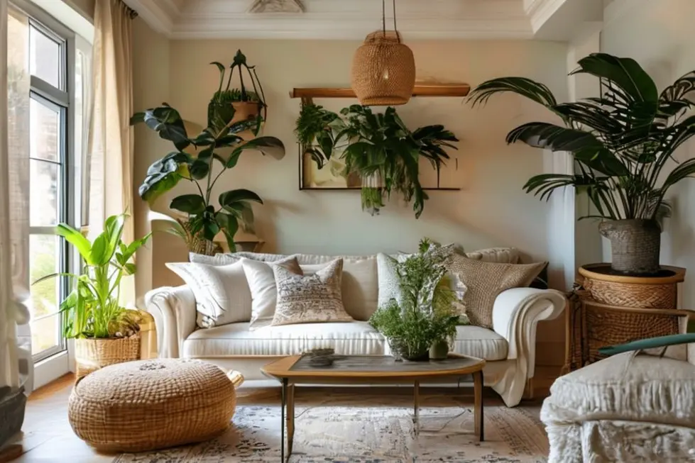 Interior de casa estiloso e acolhedor com elementos decorativos modernos e clássicos.