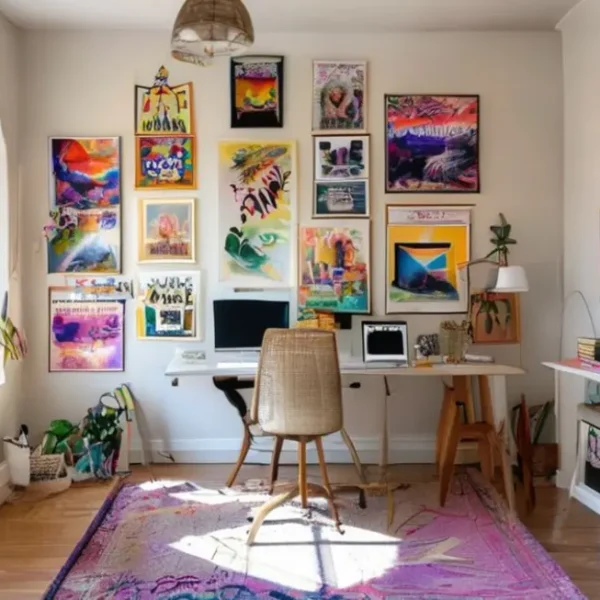 Escritório em casa decorado com quadros e posters inspiradores.