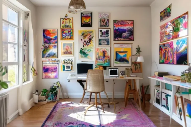 Escritório em casa decorado com quadros e posters inspiradores.