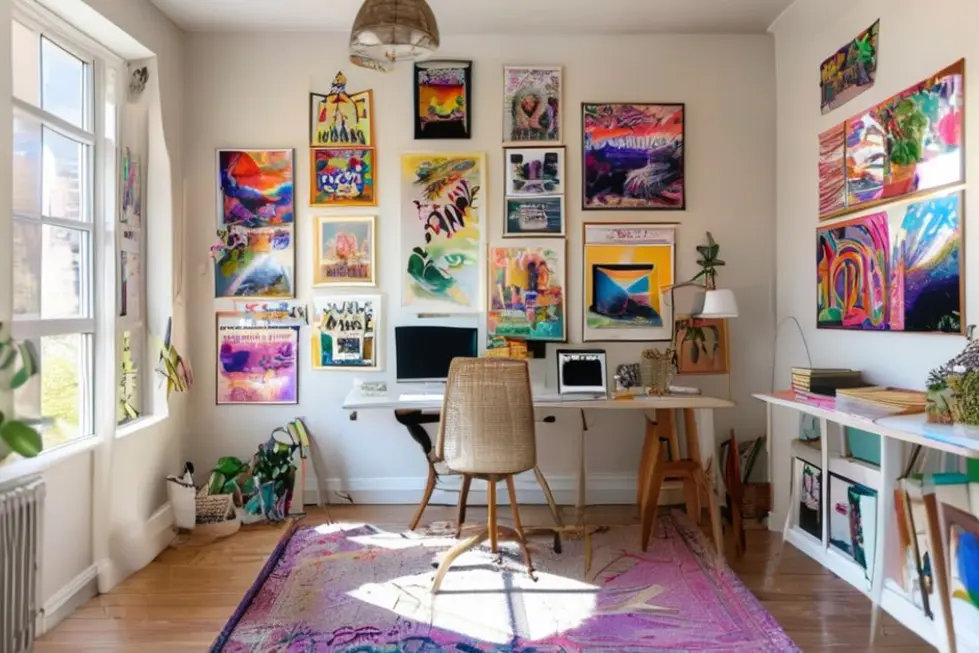 Escritório em casa decorado com quadros e posters inspiradores.