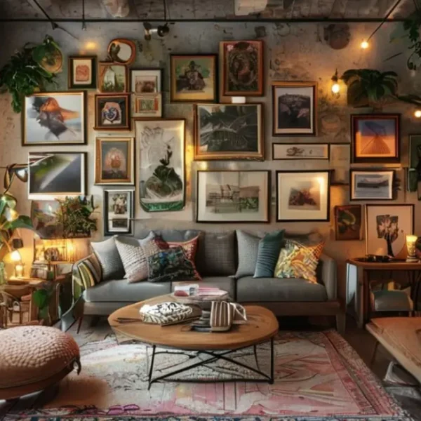 Espaço de vida criativo com quadros e posters decorativos.