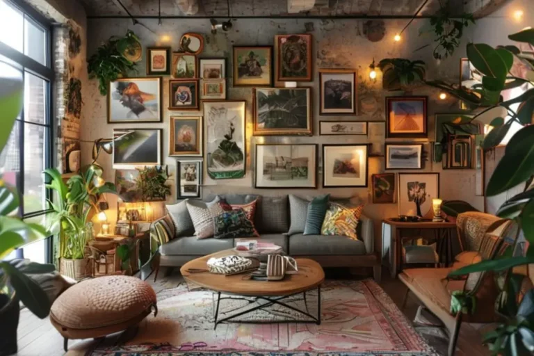 Espaço de vida criativo com quadros e posters decorativos.