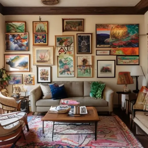 Decoração de interiores com quadros e posters de diferentes estilos e cores.