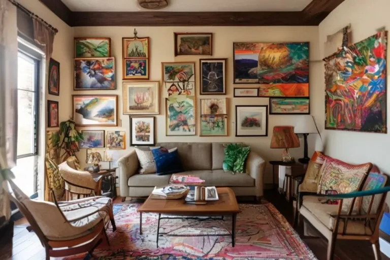 Decoração de interiores com quadros e posters de diferentes estilos e cores.