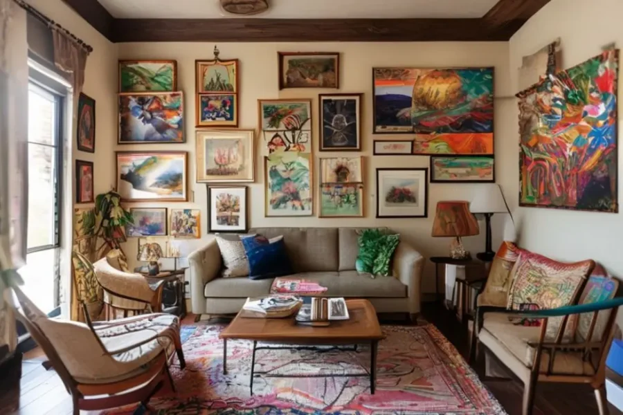 Decoração de interiores com quadros e posters de diferentes estilos e cores.