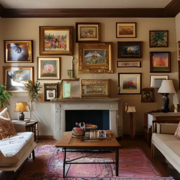 Interior de casa decorado com quadros e posters diversos.