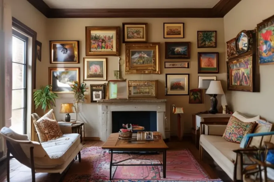 Interior de casa decorado com quadros e posters diversos.