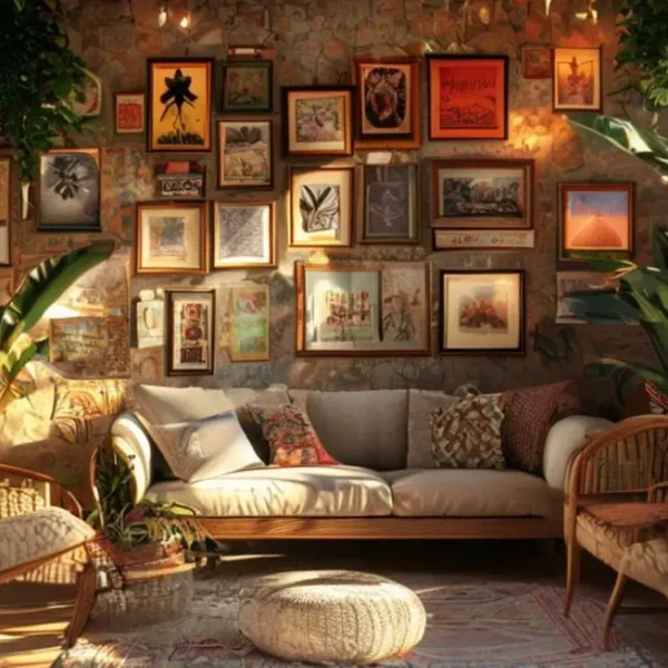 Espaço decorado de maneira acolhedora com quadros e plantas.