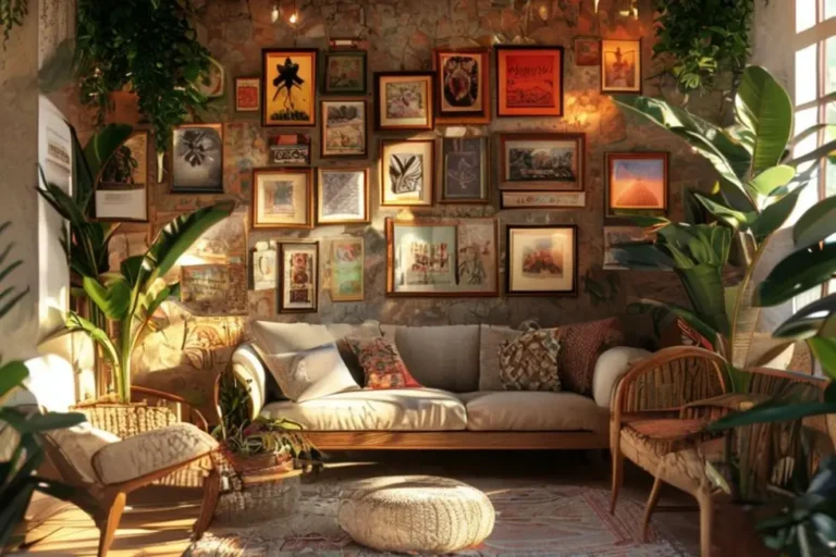 Espaço decorado de maneira acolhedora com quadros e plantas.
