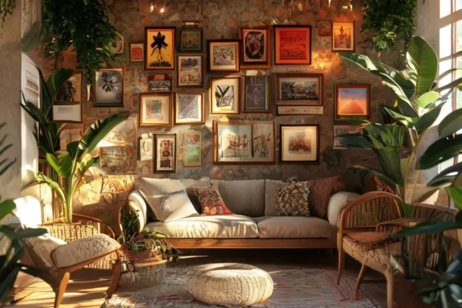 Espaço decorado de maneira acolhedora com quadros e plantas.