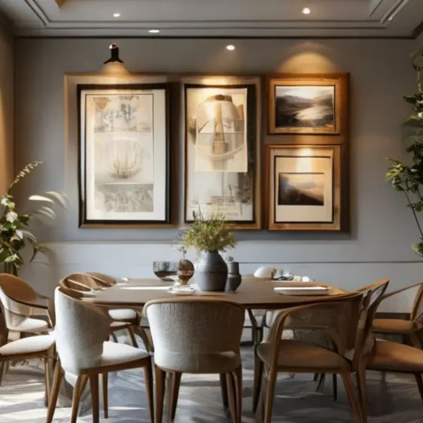 Uma área de jantar calma e elegante com arte emoldurada.