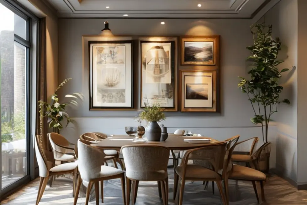 Uma área de jantar calma e elegante com arte emoldurada.