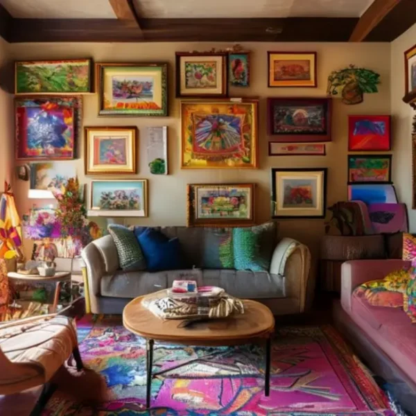 Decoração de casa convidativa com quadros coloridos.