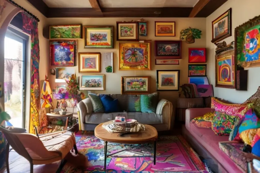 Decoração de casa convidativa com quadros coloridos.