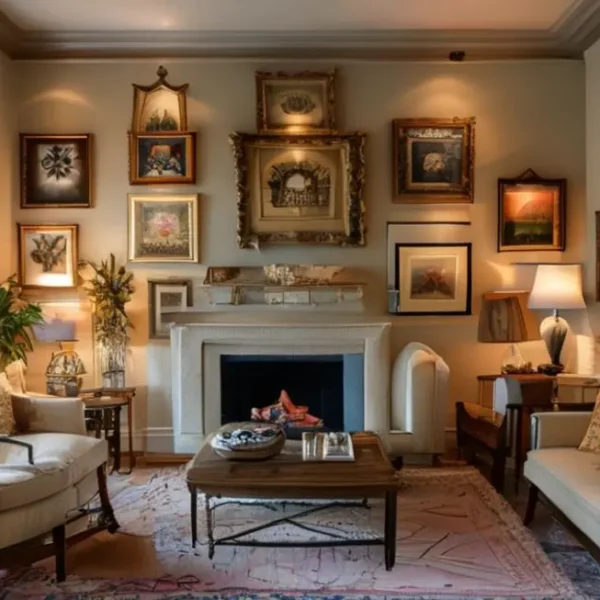 Um interior de casa acolhedor e decorado com quadros.