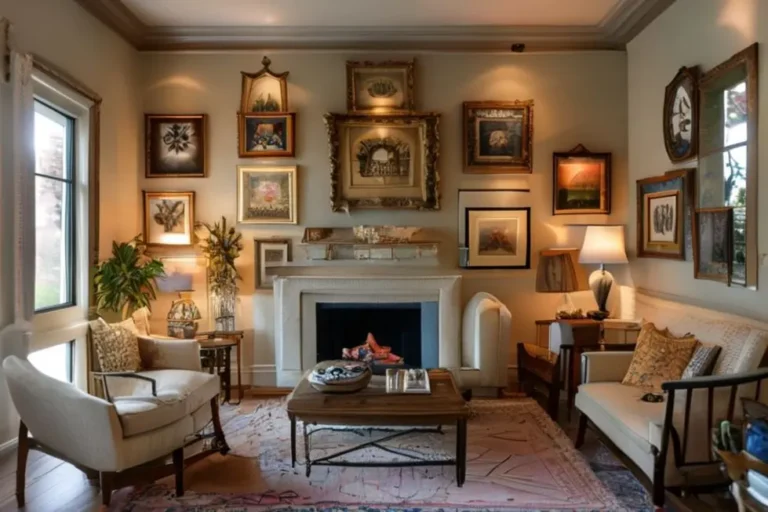 Um interior de casa acolhedor e decorado com quadros.