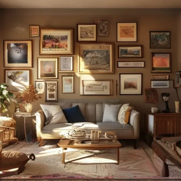 Interior de casa acolhedor com quadros e posters na decoração.