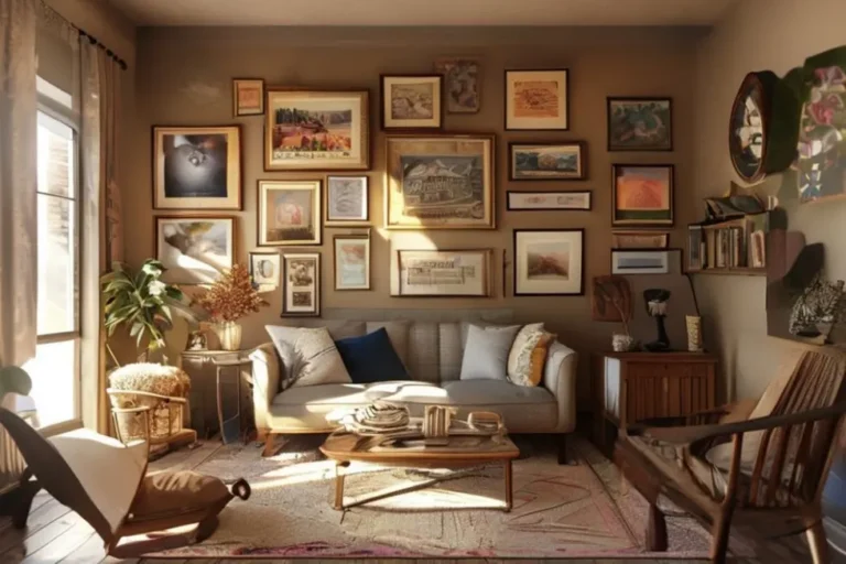 Interior de casa acolhedor com quadros e posters na decoração.