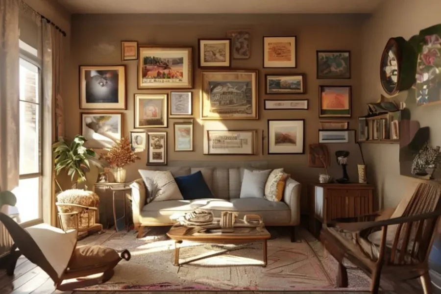 Interior de casa acolhedor com quadros e posters na decoração.