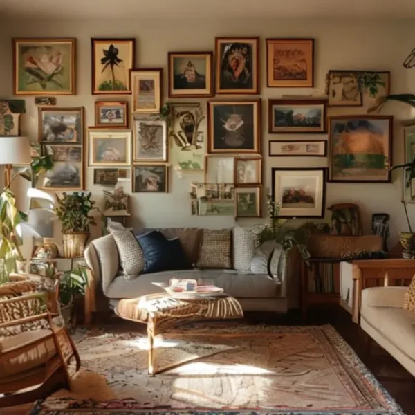 Casa decorada com quadros, flores e móveis confortáveis.