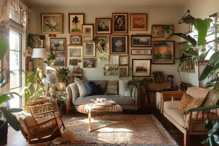 Casa decorada com quadros, flores e móveis confortáveis.