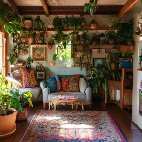 Casa decorada de forma acolhedora e criativa, refletindo a personalidade de uma mulher.