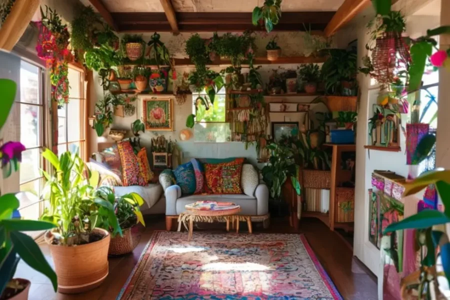 Casa decorada de forma acolhedora e criativa, refletindo a personalidade de uma mulher.
