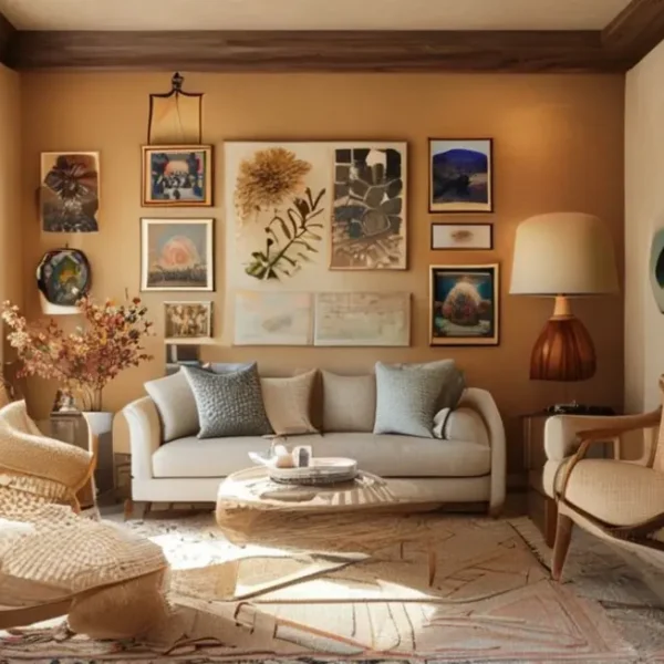 Interior de casa aconchegante com uma paleta de cores quentes e várias peças de arte nas paredes