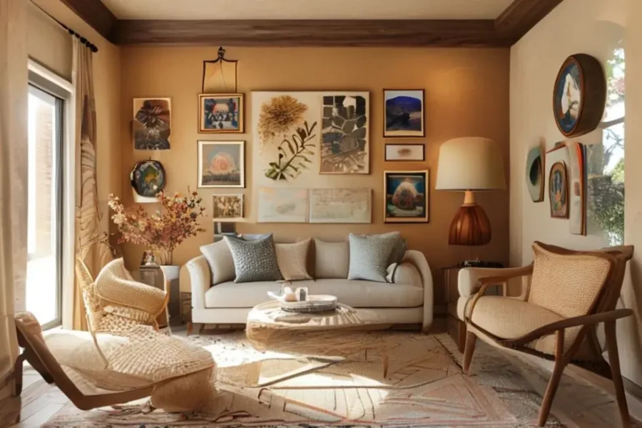 Interior de casa aconchegante com uma paleta de cores quentes e várias peças de arte nas paredes