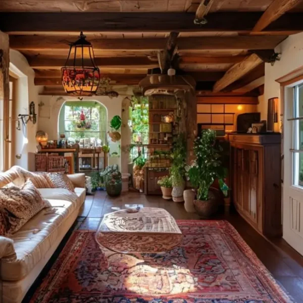 Interior de uma casa que transmite acolhimento e criatividade.