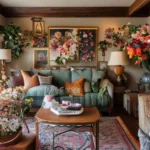 Interior de casa acolhedor com decoração estilosa e elementos florais.