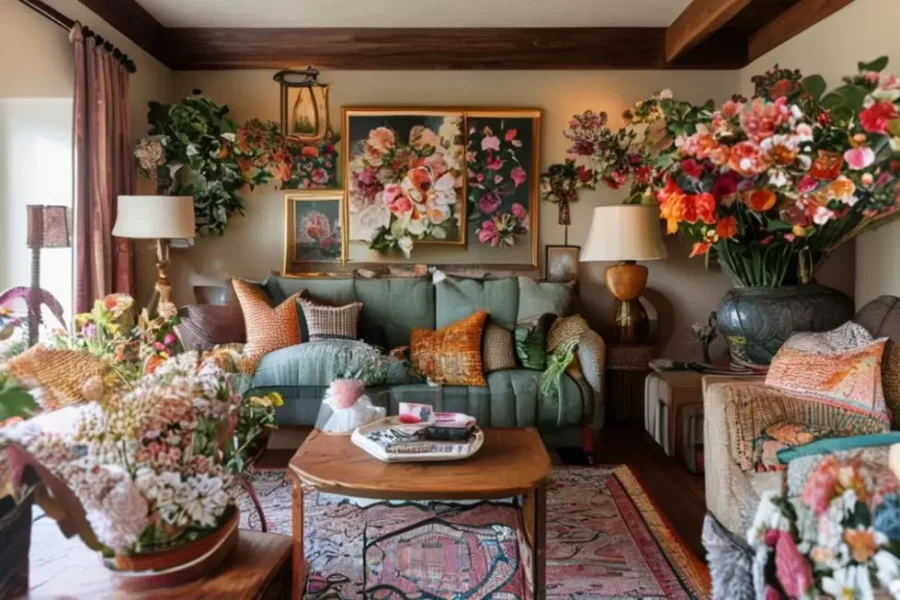 Interior de casa acolhedor com decoração estilosa e elementos florais.