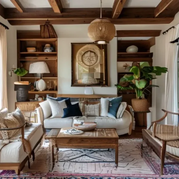 Interior de casa acolhedor com uma mistura de estilos modernos e tradicionais.