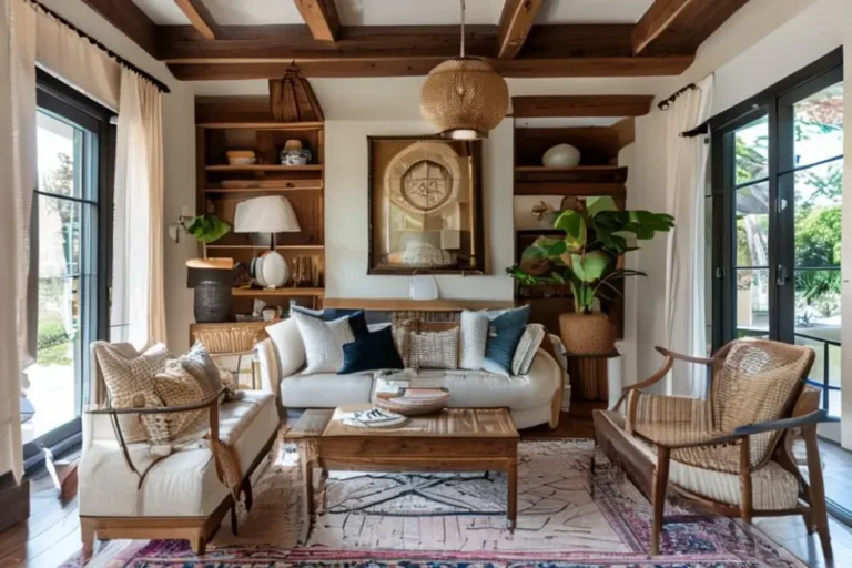 Interior de casa acolhedor com uma mistura de estilos modernos e tradicionais.