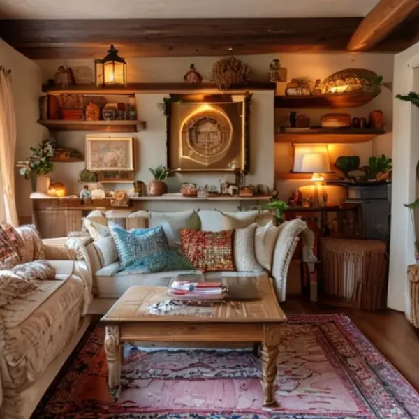 Interior de uma casa decorada, transmitindo aconchego e estilo.
