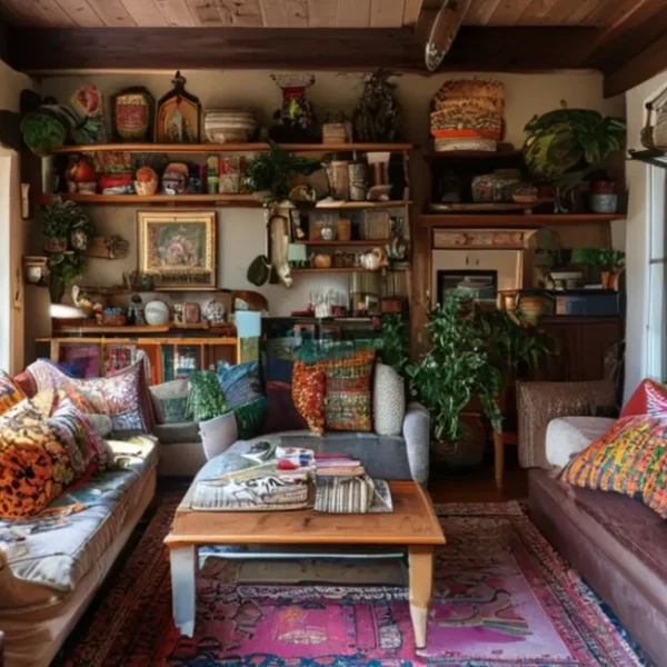 Interior de casa convidativo com diferentes estilos de decoração.