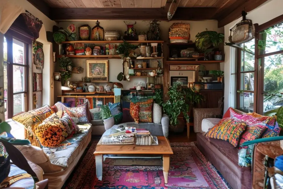 Interior de casa convidativo com diferentes estilos de decoração.