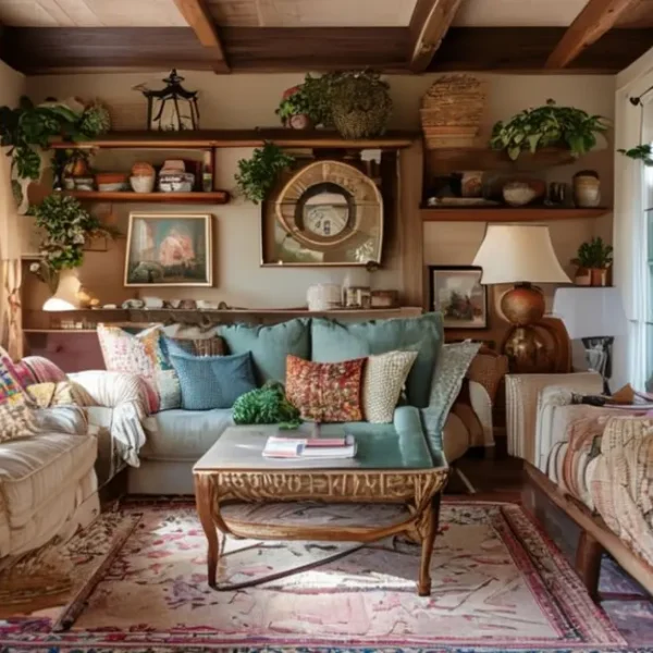 Interior de casa com estilos decorativos diversos e acolhedores.