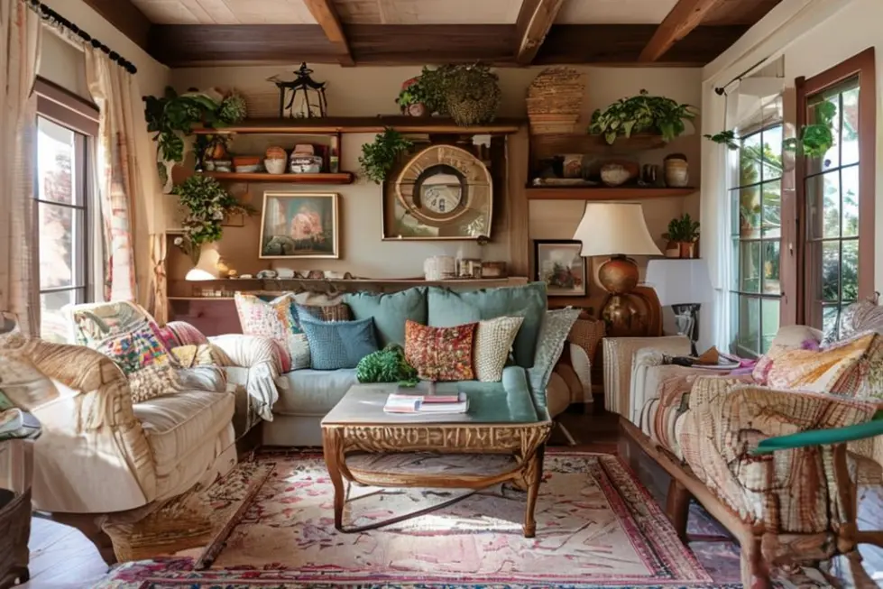 Interior de casa com estilos decorativos diversos e acolhedores.