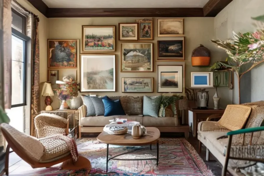 Interiors with stylish decorations featuring art.