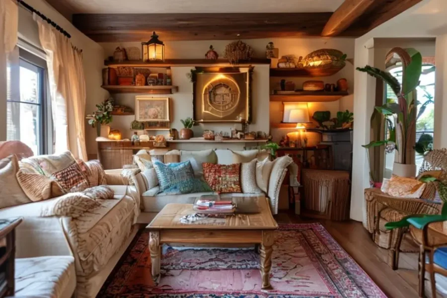 Interior de uma casa decorada, transmitindo aconchego e estilo.