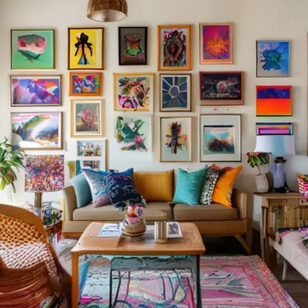 Interior de casa com arte nas paredes