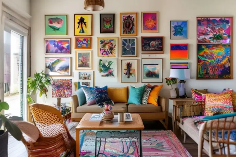 Interior de casa com arte nas paredes