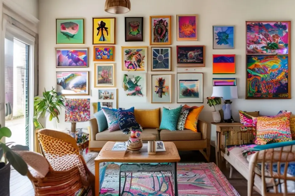 Interior de casa com arte nas paredes