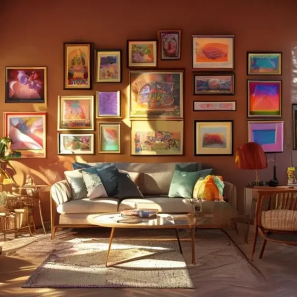 Decoração de casa com quadros e posters.