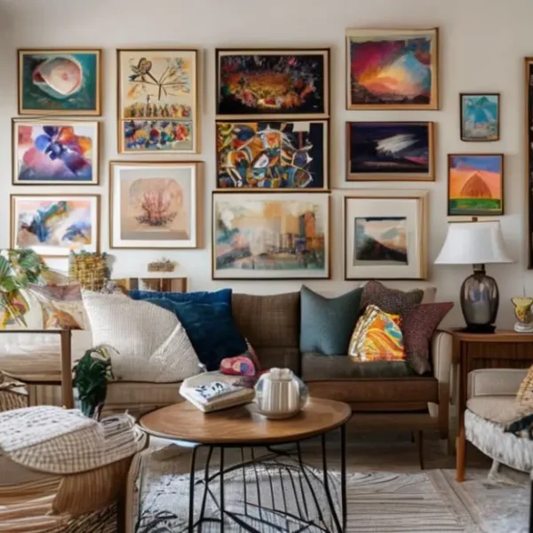 Interior de casa acolhedora e estilosa com quadros e pôsteres decorativos.