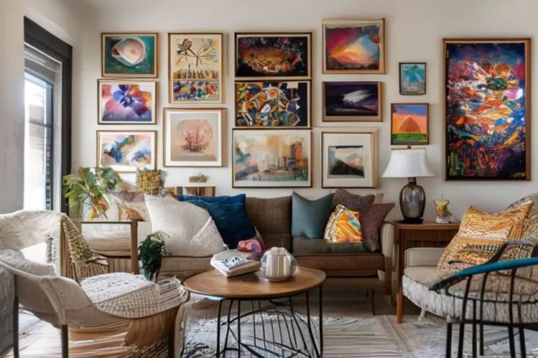 Interior de casa acolhedora e estilosa com quadros e pôsteres decorativos.