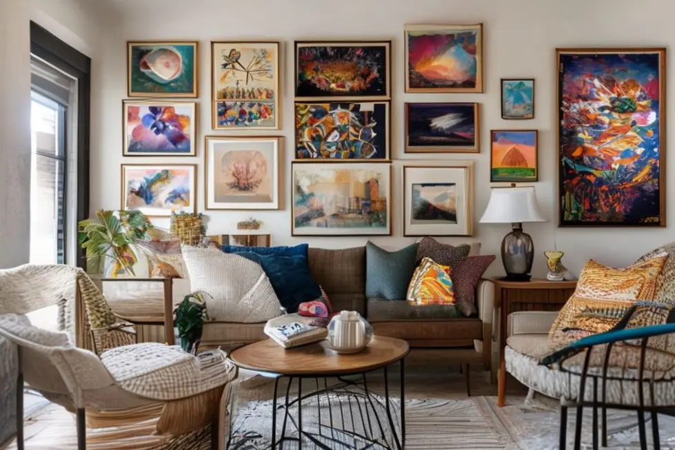 Interior de casa acolhedora e estilosa com quadros e pôsteres decorativos.