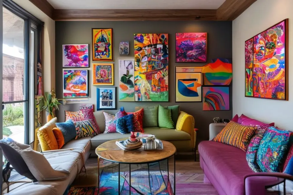 Um interior de casa acolhedor com quadros e posters vibrantes nas paredes.